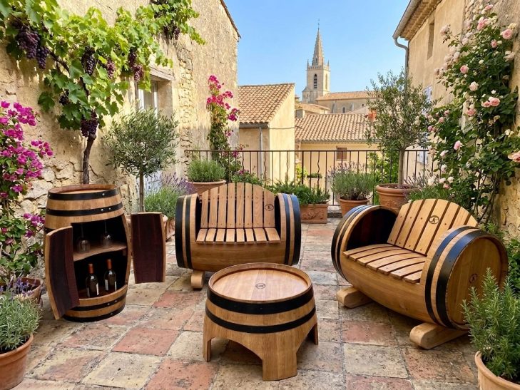Meubles originaux Meubles en bois de tonneaux recyclés, salon de jardin